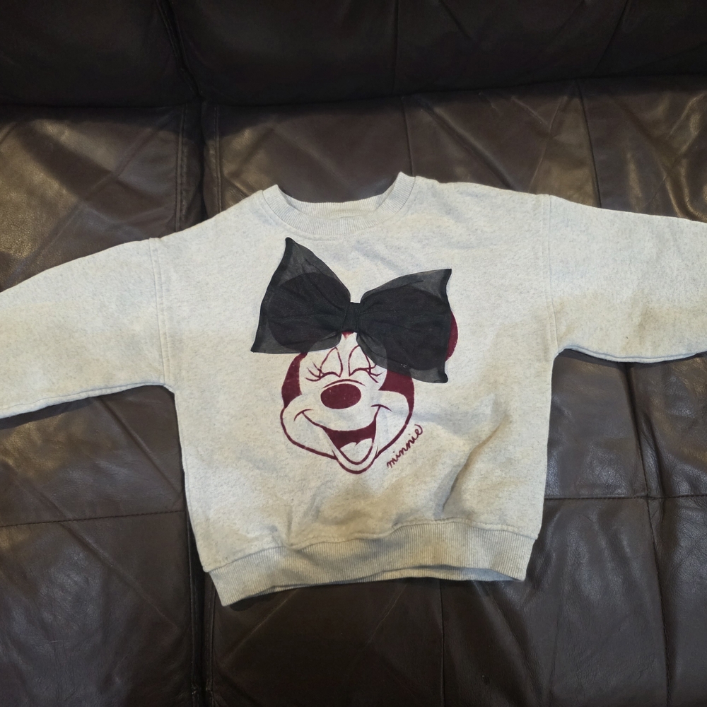 Disney Gray Kids Sweatshirt with Maroon Minnie Graphic and Black Bow